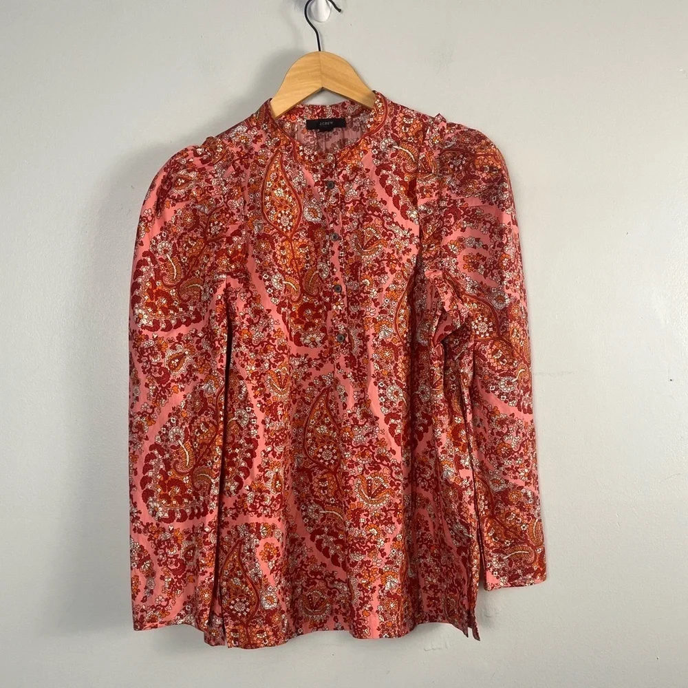 J. Crew Puff Sleeved Top Paisley pink size small cotton